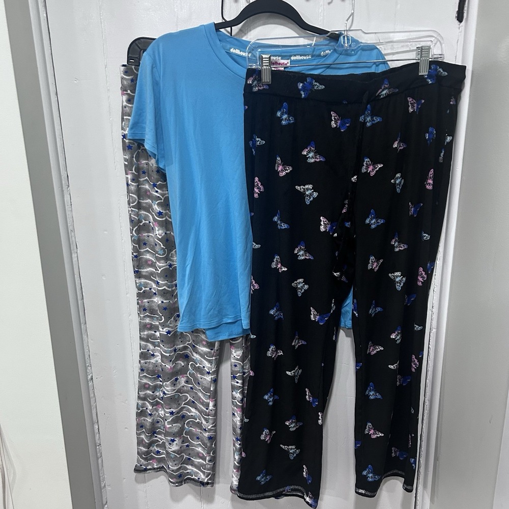 Dollhouse Petite 3 Pc Pj Lounge Set (blue T Shirt 2 Pants) Stars Butterflies